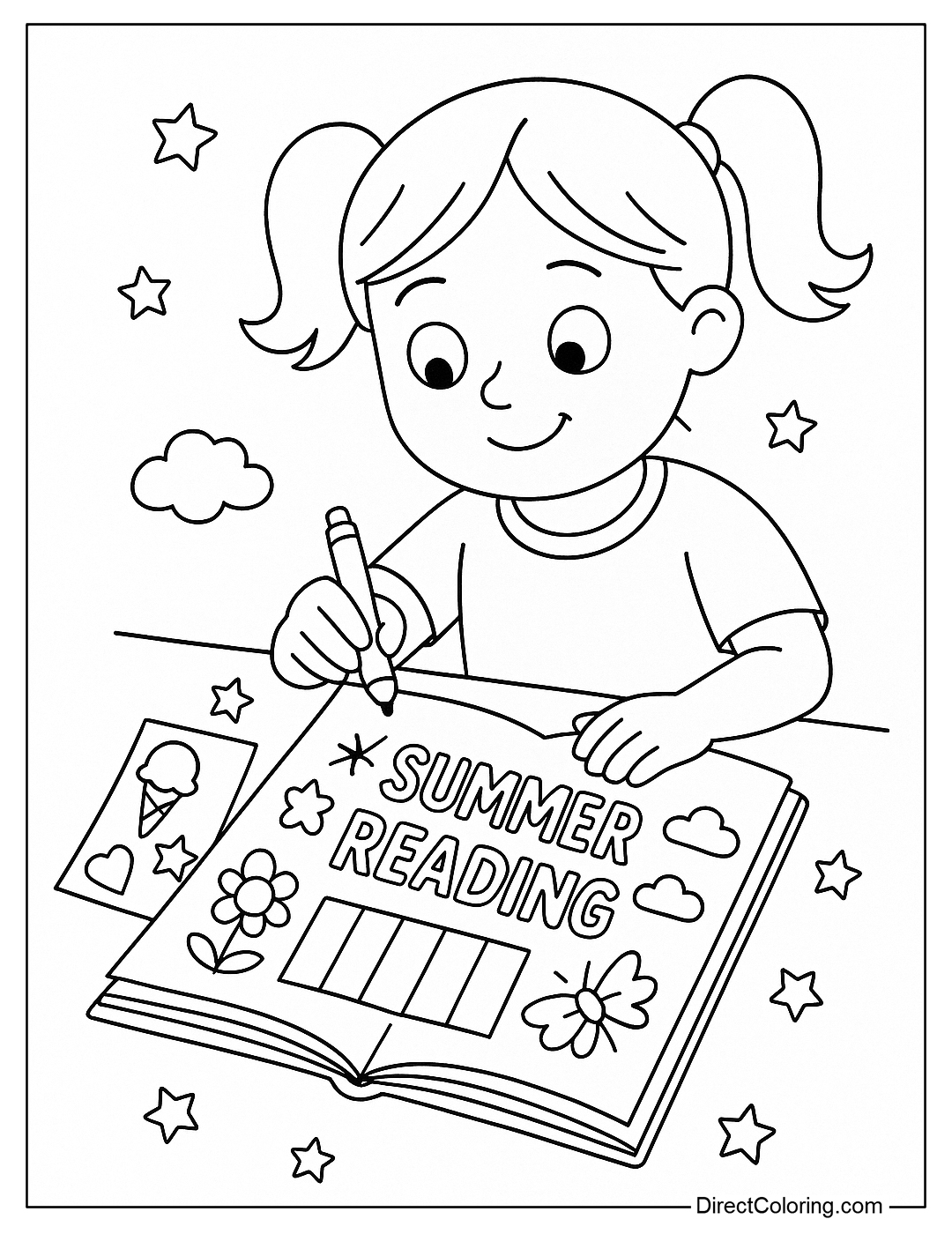 Coloring page of a child decorating a summer reading diary